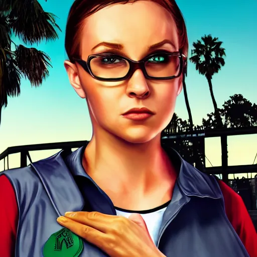 Prompt: Kyrsten Ritter as a GTA Five Loading Screen Art Cover, No text