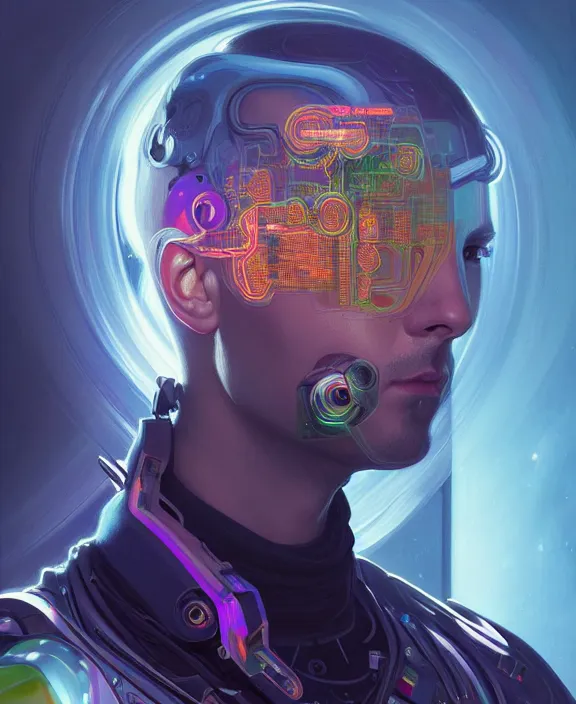 Image similar to a whirlwind inside the metaverse, guy, male, man, hologram, half body, neurochip, android, cyborg, cyberpunk face, by loish, d & d, fantasy, intricate, elegant, highly detailed, colorful, digital painting, artstation, concept art, art by artgerm and greg rutkowski and alphonse mucha