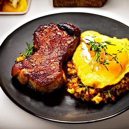 Image similar to caramelized pork chops and omelette, professional food photography in fancy restuarant