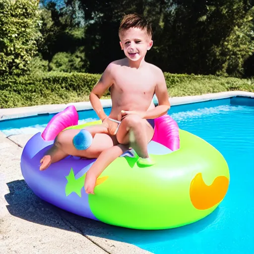 Image similar to success boy riding a unicorn pool float