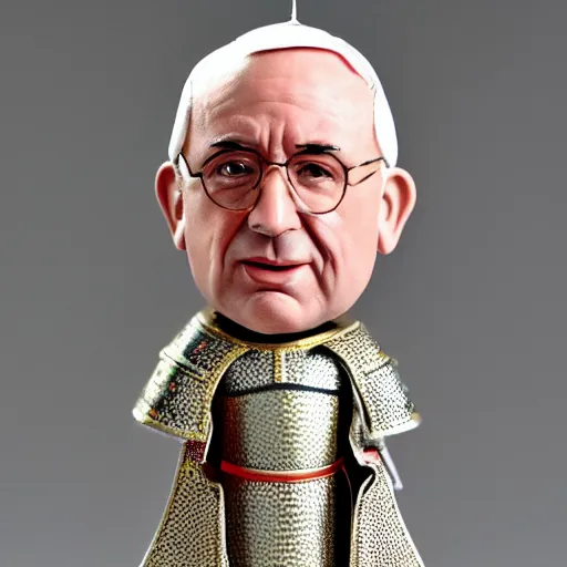 Image similar to action figure of pope francis as a knight. advertising photograph, photographic, hyperreal, 3 5 mm