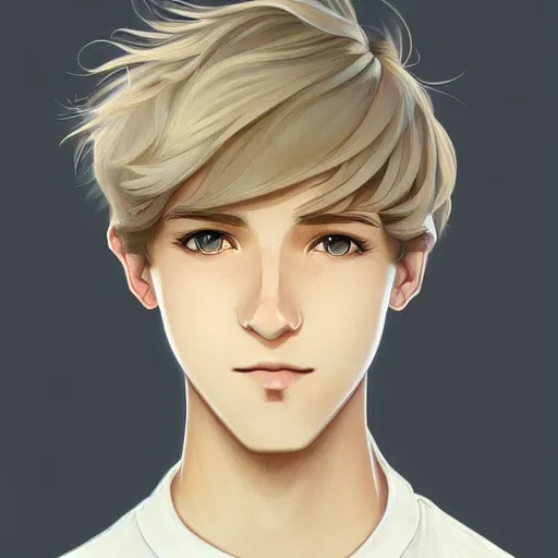 Prompt: young man with short, ash blond greyish hair, light brown eyes, casual clothes, relaxing, happy, path traced, highly detailed, high quality, digital painting, by studio ghibli and alphonse mucha, beautiful details, soft and warm