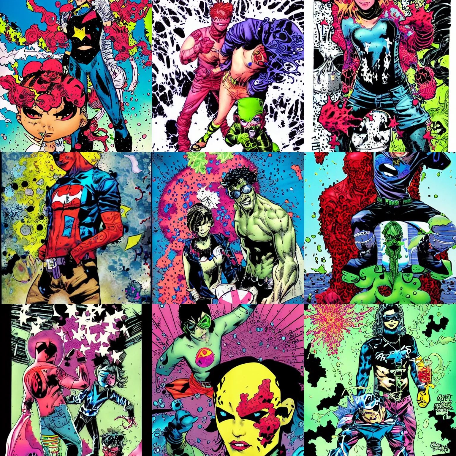 Prompt: acid splash and young hero with tatoo body and toxic superpower, by chris bachalo