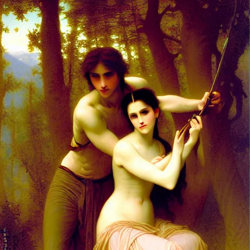 Image similar to twilight portrait of edward and bella in ancient forest by william - adolphe bouguereau in the style of gaston bussiere, art nouveau