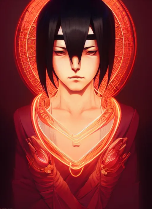 Image similar to symmetry!! itachi, glowing lights!! intricate, elegant, highly detailed, digital painting, artstation, concept art, smooth, sharp focus, illustration, art by artgerm and greg rutkowski and alphonse mucha