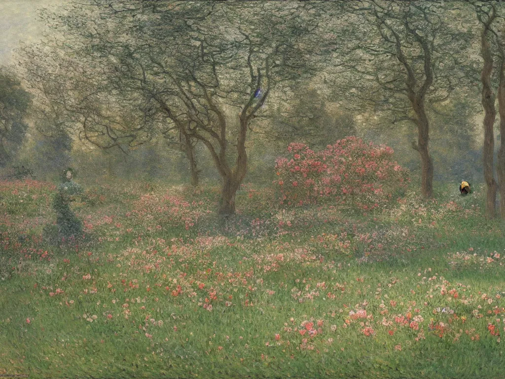 Image similar to a park with many beautiful flowers, by caspar david friedrich, by claude monet, canvas, paint, oil paint, tempera paint, dripping paint, splatter paint, macro, dof, insanely detailed and intricate, hypermaximalist, elegant, ornate, hyper realistic, super detailed