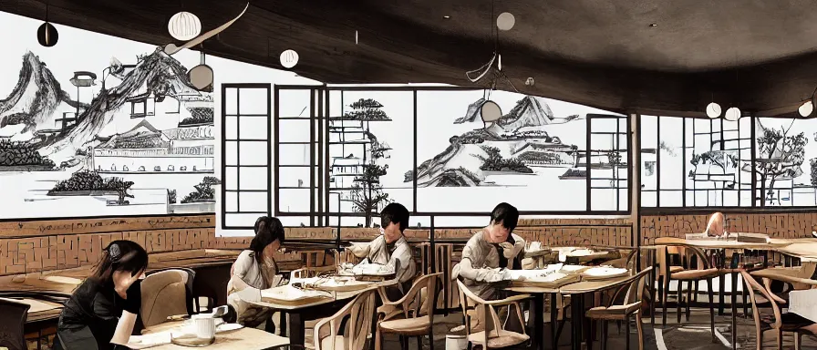 Prompt: a beautiful interior view illustration of a small roasted string hotpot restaurant of baota mountain in yan'an city, animation illustrative style, from china, restaurant wall paper is a high tower on a mountain, rectangle white porcelain table, black chair, simple style structure decoration design, victo ngai, james jean, 4 k hd