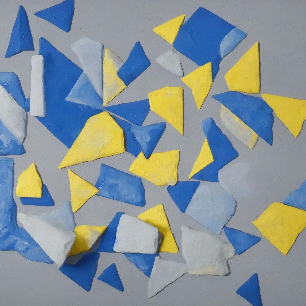 Prompt: 3 dimensional solid large geometric 3 d shapes made of solid impasto oil paint, with strong top right lighting creating shadows, colours cream naples yellow and blue - grey