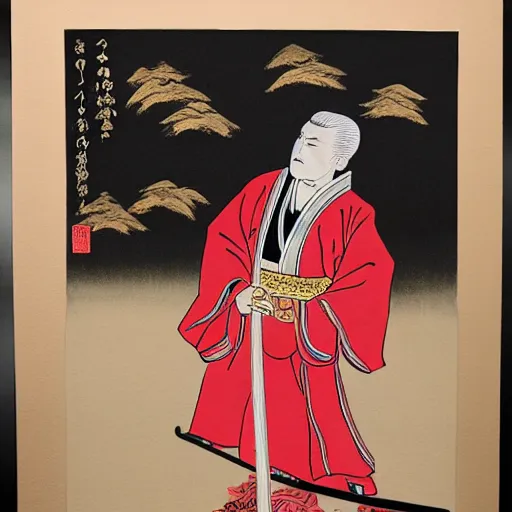 Image similar to donald trump dressed as a samurai holding a katana in a japanese edo period ink block painting, 4 k, hyper realistic, dslr, high resolution, landscape, beautiful