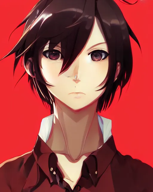 Image similar to makoto shinkai, artgerm, yoji shinkawa, ilya kuvshinov, beautiful anime woman, red shirt brown pants, clockpunk, black and red hair hair, symmetrical face, symmetrical eyes, full round face, short smile, detailed, summer setting, cinematic lighting