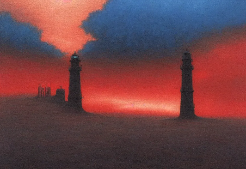 Image similar to ! dream landscape oil painting of a pure black lighthouse emitting blue light, dynamic lighting, sad black and red sky with blue clouds, hopeless emotions, by beksinski, sharp focus, artstation hq