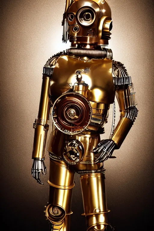 Image similar to steampunk version of c 3 po, promotional photo, studio lighting