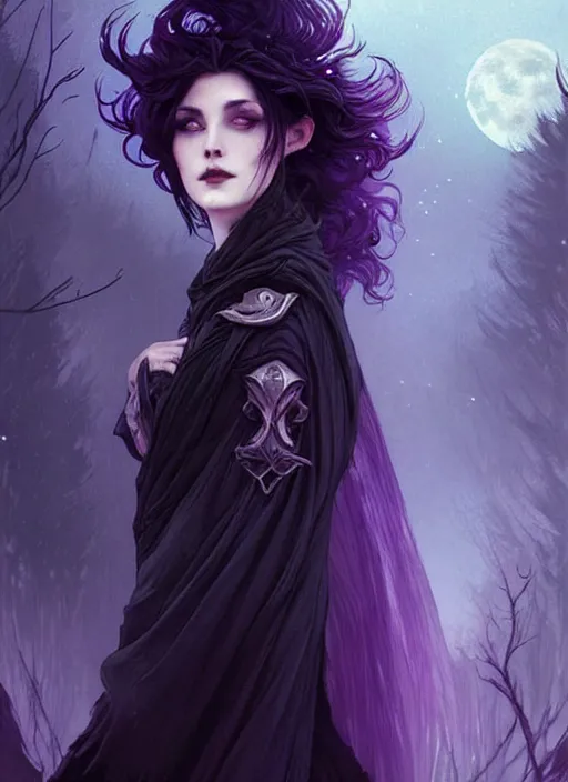Prompt: moon in the background!!!, full portrait dark witch, adventurer outfit large cloak, fantasy forest landscape, fantasy magic, short purple black fade hair, dark light night, intricate, elegant, sharp focus, illustration, highly detailed, digital painting, concept art, matte, art by wlop and artgerm and greg rutkowski and alphonse mucha, masterpiece