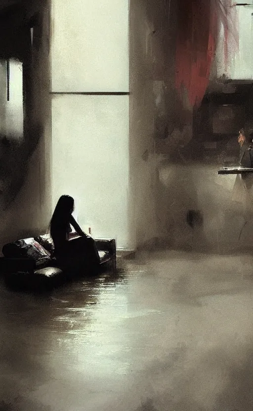 Image similar to “ cinematic composition of a woman sitting in a flooded apartment by zhaoming wu, nick alm, bernie fuchs, hollis dunlap, gregory manchess, james gurney, craig mullins, sparth, octane render ”