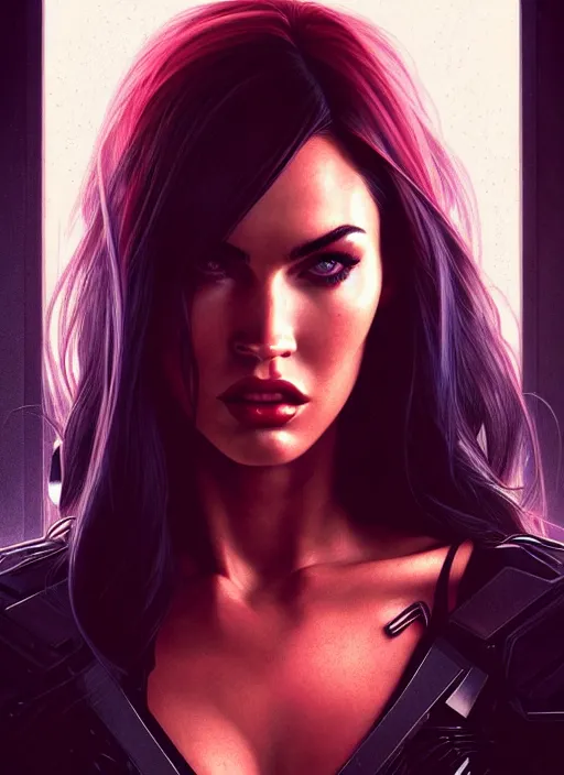 Image similar to portrait of megan fox as v, cyberpunk, technology, science fiction, cd project red, intrigante, headshot, highly detailed, digital painting, artstation, concept art, sharp focus, cinematic lighting, illustration, art by artgerm and greg rutkowski, alphonse mucha, cgsociety