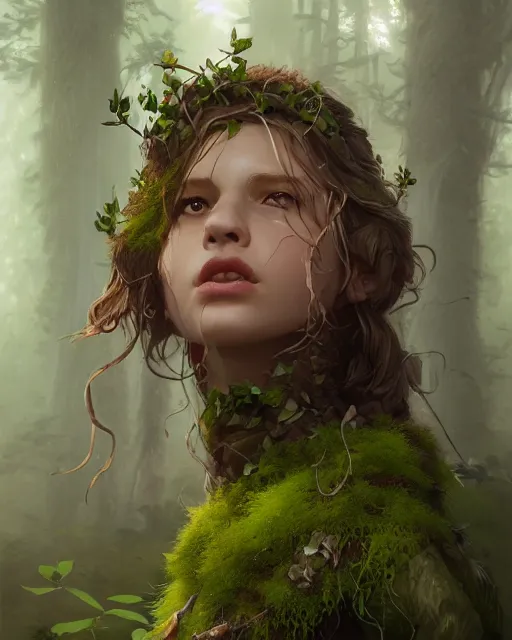 Prompt: Portrait Druid wood branch moss plants, artgerm, andrei riabovitchev, nuri iyem, james gurney, james jean, greg rutkowski, highly detailed, soft lighting 8k resolution