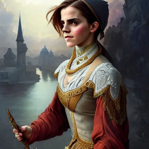 Image similar to emma watson portrait of ottoman sultan gog, female, clear face, symetrical, masculine, full body, muscular, fantasy, intricate, elegant, highly detailed, digital painting, artstation, concept art, matte, sharp focus, illustration, art by artgerm and greg rutkowski and alphonse mucha