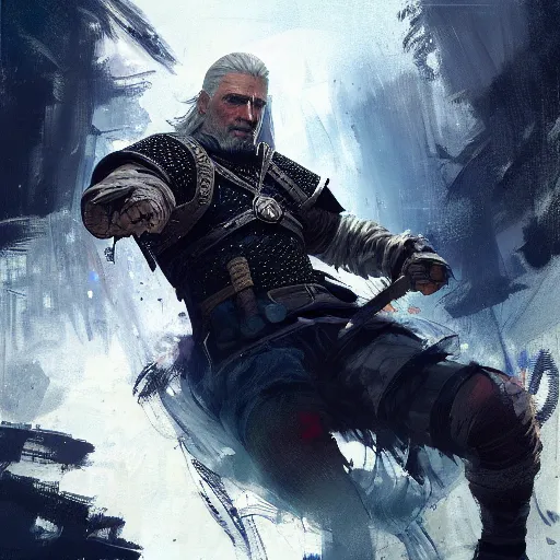 Prompt: geralt of rivia, paint by Wadim Kashin