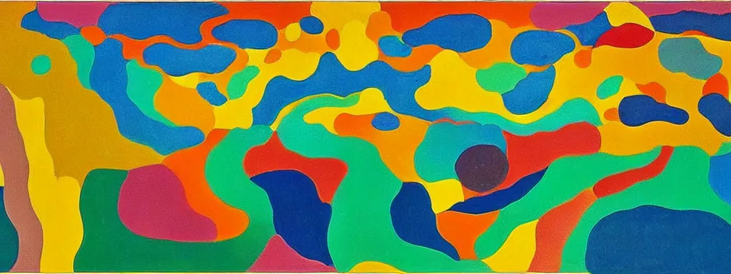 Prompt: Psychedelic sci-fi dreamworld. Landscape painting. Organic. Winding rushing water. Waves. Clouds. Landscape by Alex Katz. Wayne Thiebaud. Paul Klee. David Hockney.