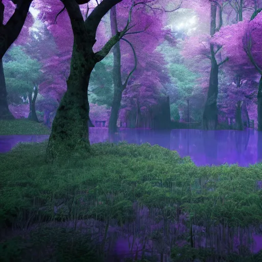 Image similar to inside an ethereal forest with a purple lake, highly detailed, 4k, HDR, award-winning, octane render