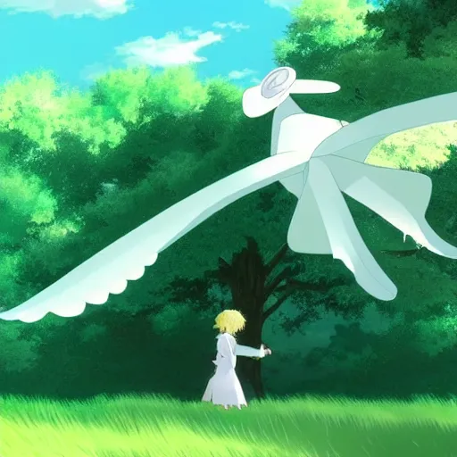 Image similar to big white whale flying near giant tree in the green field, anime, HD,