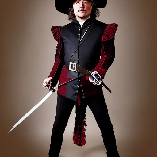 Prompt: photo of elon musk as a musketeer, he has a big black hat with a red feather, he is holding a shiny rapier sword and he is looking straight to the camera, studio lighting