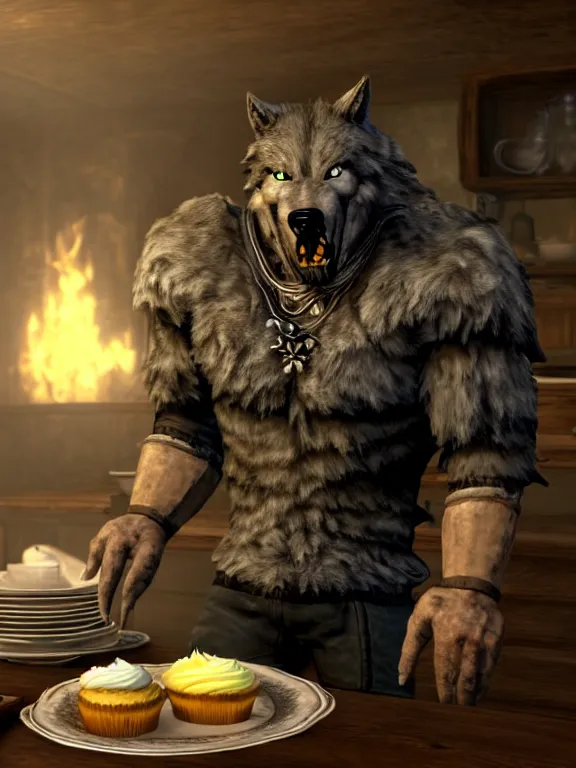 Prompt: cute handsome cuddly burly surly relaxed calm timid werewolf from van helsing sitting down at the breakfast table in the kitchen of a normal suburban home staring longingly at a delicious cupcake with orange frosting unreal engine hyperreallistic render 8k character concept art masterpiece screenshot from the video game the Elder Scrolls V: Skyrim