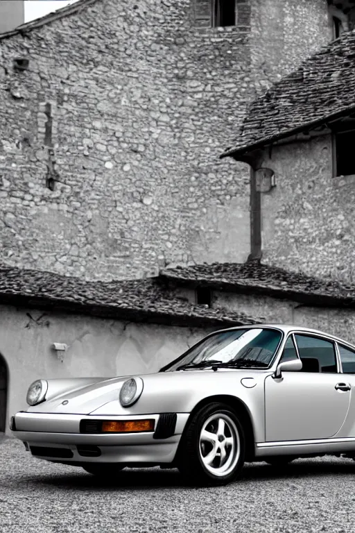 Image similar to Photo of a silver Porsche 911 Carrera 3.2 parked on a dock in Lake Como, daylight, dramatic lighting, award winning, highly detailed, 1980s, luxury lifestyle, fine art print, best selling.