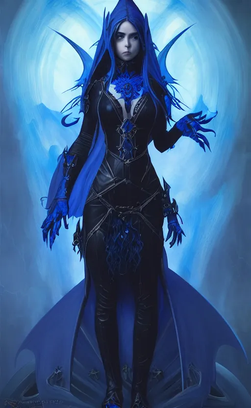 Image similar to Gothic elf princess in dark and blue dragon armor, sci-fi, highly detailed, digital painting, artstation, concept art, smooth, sharp focus, illustration, art by artgerm and greg rutkowski and alphonse mucha