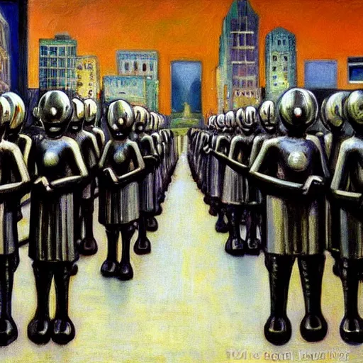 Prompt: silver robot druids in a grand processional, capital plaza, grant wood, pj crook, edward hopper, oil on canvas