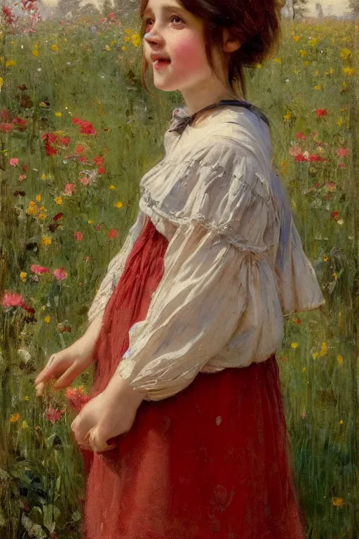 Prompt: Solomon Joseph Solomon and Richard Schmid and Jeremy Lipking victorian genre painting portrait painting of a happy young village girl in an open field of flowers, red background