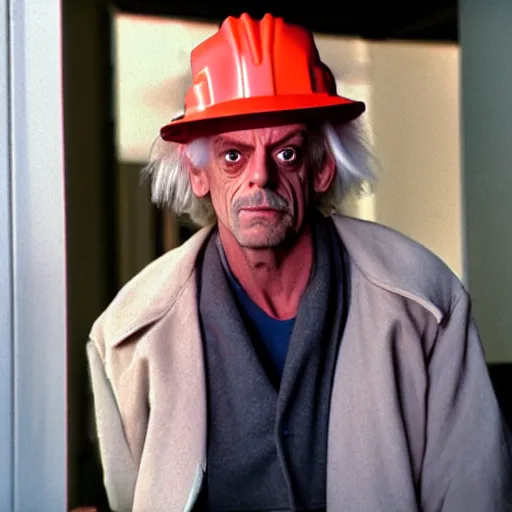 Image similar to a man who looks like christopher lloyd as doc brown back to the future, wearing a construction hat - h 7 6 8