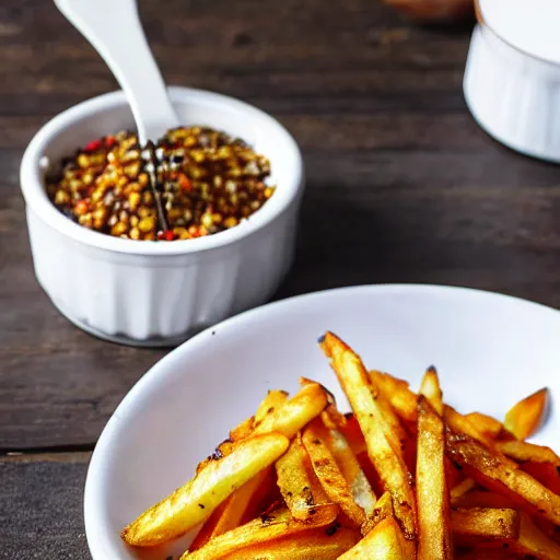 Prompt: savory, crispy french fries with grains of pepper, oregano and a thick sauce on top, high definition, 8 k