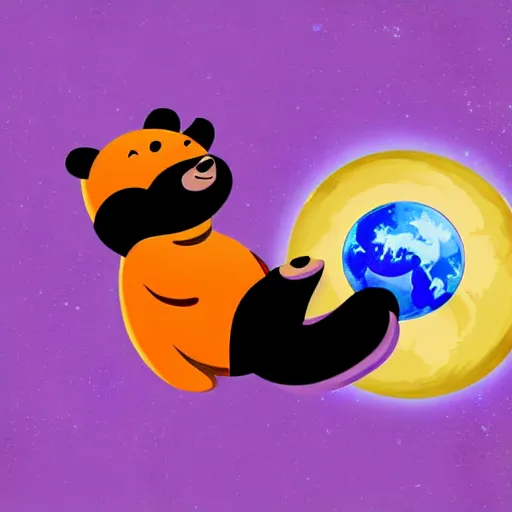 Image similar to cartoon animated illustration of a bear mascot being launched from a futuristic marble planet, purple and orange cloudland