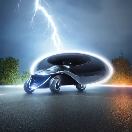 Image similar to futuristic flying car emerging in the sky from a circular portal made of lightning, thunderstorm at night, 8k 28mm cinematic photo