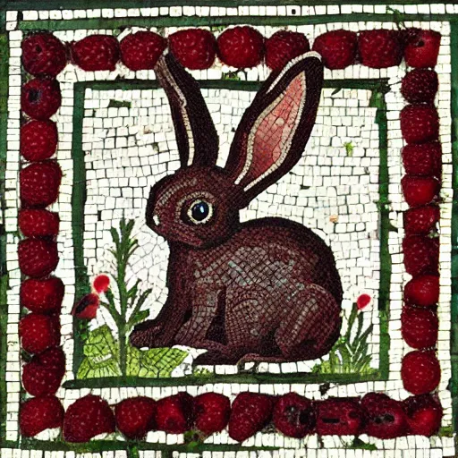 Image similar to a rabbit eating raspberries in the style of ancient mosaic