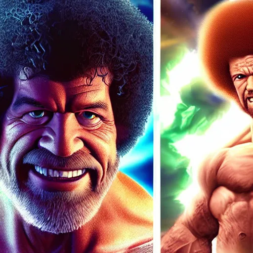 Image similar to photomanipulation of BOB ROSS as hulk, marvel, fully detailed, volumetric lightening, octane render