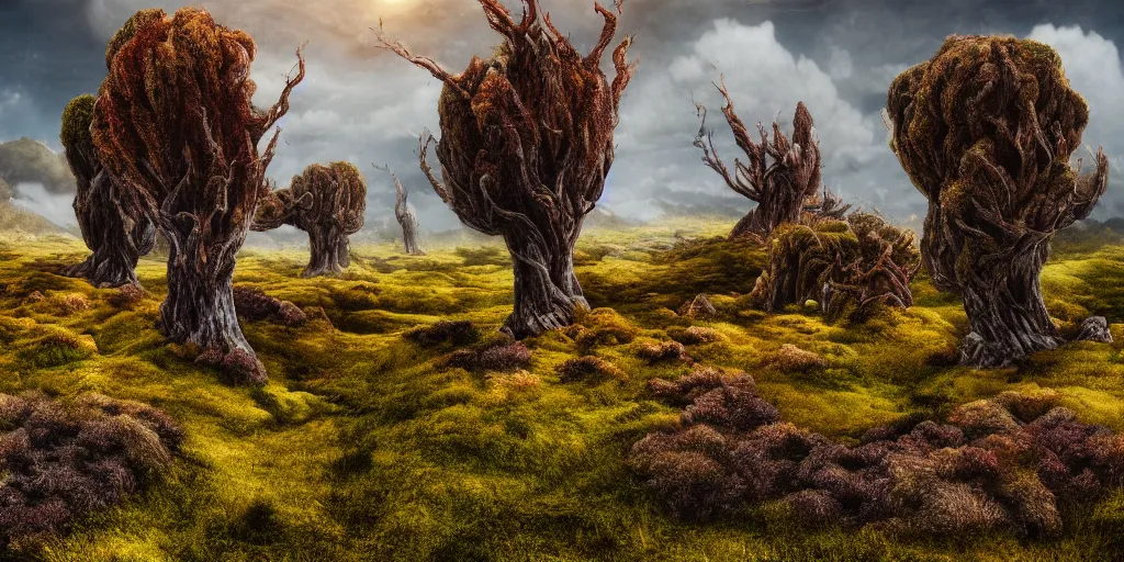 Prompt: VERY windy fantasy landscape with oddly shaped trees and extremophile plants, far away landscape shot, tilt-shifted, high quality art, 4k