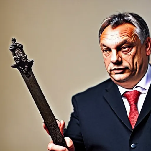 Image similar to Viktor orban holding a sword, photo, high detail, high quality,