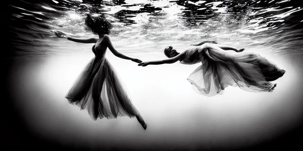 Prompt: deep underwater photography of beautiful model in flat dress in large underwater ballroom by emmanuel lubezki