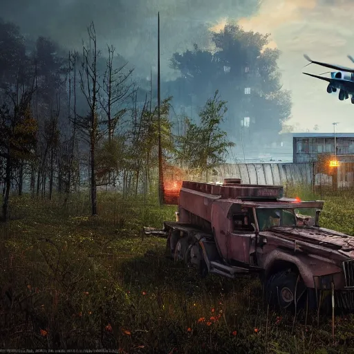 Image similar to a flower growing in battlefield 4 with a lockheed hc - 1 3 0 by simon stalenhag and robbert sammelin and eric persson, 4 k, hd wallpaper, hdr, tonemapping, detailed, atmospheric, majestical lighting, saturated, wet