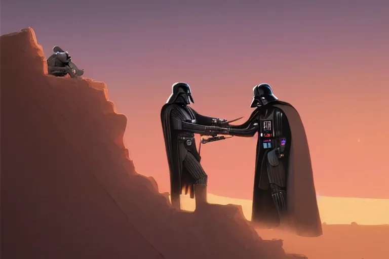 Prompt: darth vader drining juice in desert sunset, beautiful painting, greg rutkowski, james gurney, thrending on artstation.