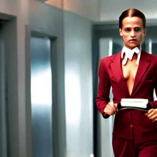 Image similar to Alicia Vikander, Patrick Bateman in American Psycho (1999)