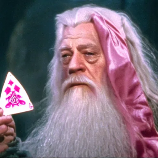 Image similar to portrait of gandalf the pink, pink bowtie in his hair, holding a blank playing card up to the camera, movie still from the lord of the rings