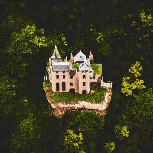 Prompt: aerial photo of castle in a terrarium, sigma 5 0 mm f 1. 4, cinematic macro photography