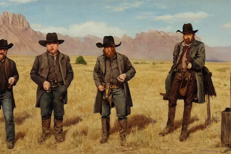 Image similar to fredrick remington oil painting of phillip seymour hoffman and two bandits in a busy old west town