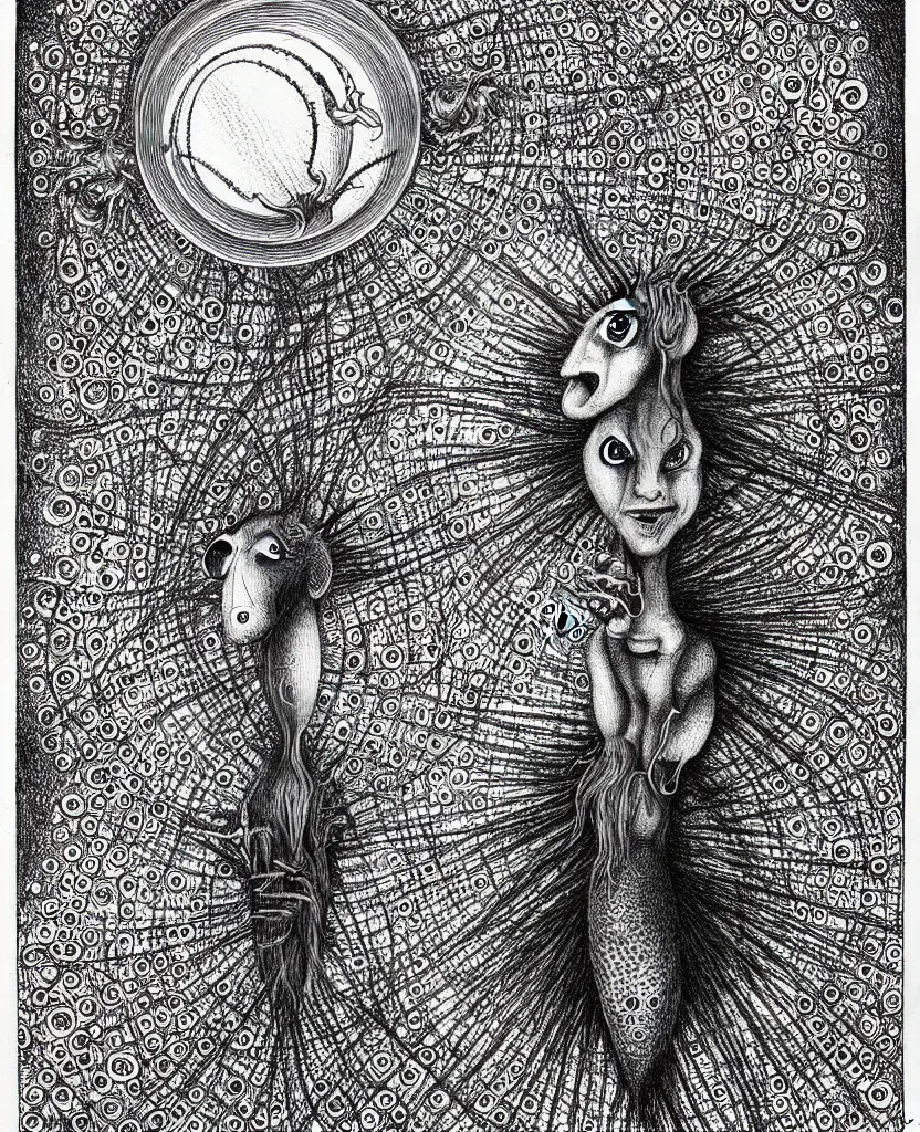 Image similar to whimsical freaky creature sings a unique canto about'as above so below'being ignited by the spirit of haeckel and robert fludd, breakthrough is iminent, glory be to the magic within, stipple shaded drawing by ronny khalil