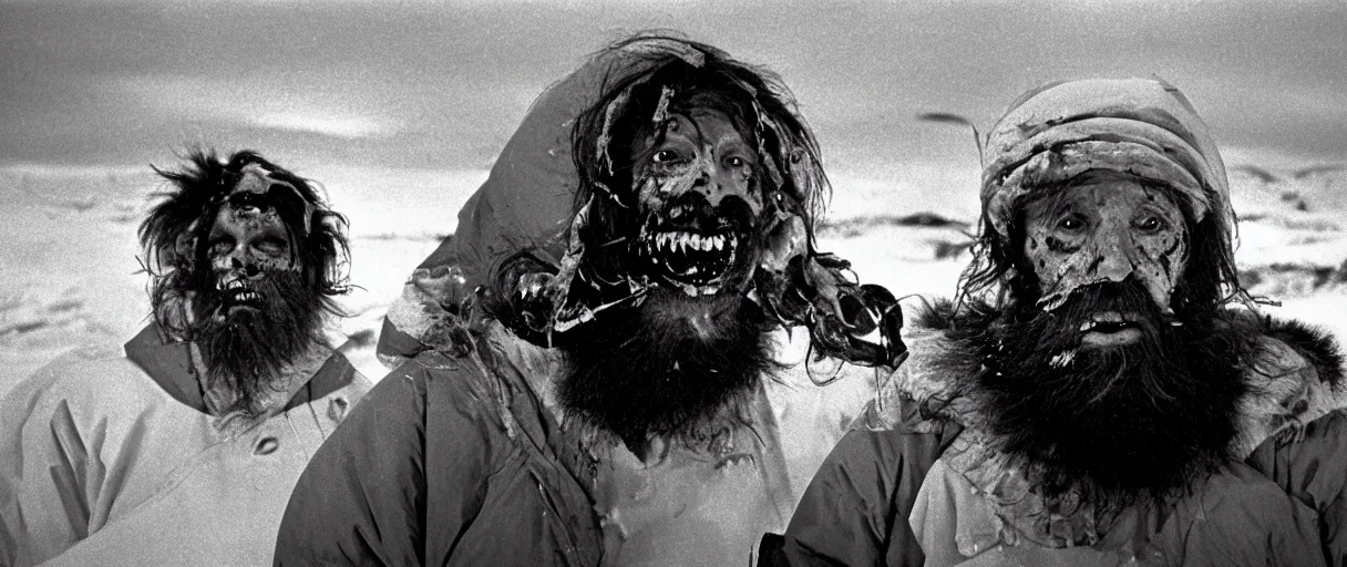 Prompt: filmic extreme close up shot movie still 4 k uhd exterior shot 3 5 mm film color photograph of a terrifying bearded man with tentacles and blood chasing five scared people around mcmurdo station in antarctica at night with the northern lights lighting up the sky, only color images, in the style of the horror film the thing 1 9 8 2
