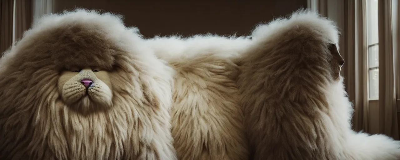 Prompt: a strange huge fluffy furry creature sits in the living room, film still from the movie directed by denis villeneuve with art direction by zdzisław beksinski, close up, telephoto lens, shallow depth of field