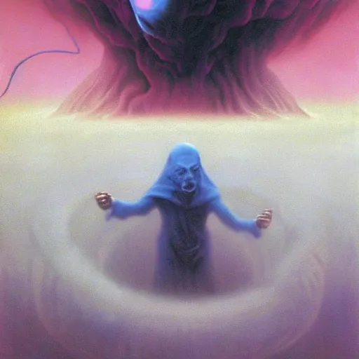 Prompt: blue robed wizard with shadowed face casting a pink orb spell in an abyssal rift void, surrounded by terrible monsters running towards him fast with motion blur, painting by zdislaw beksinski, 8k, fantasy art, detailed, epic